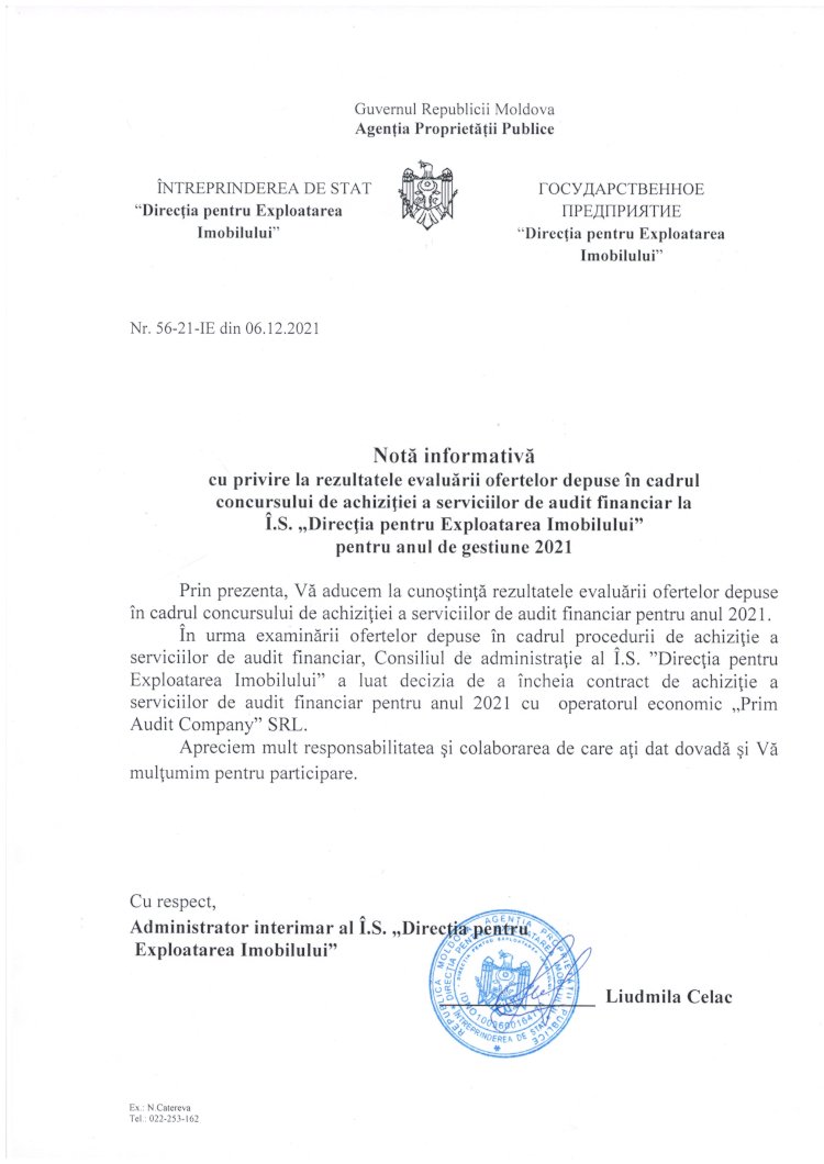 Notă informativă - rezultatul concursului privind achiziţionarea serviciilor de audit financiar pentru anul de gestiune 2021