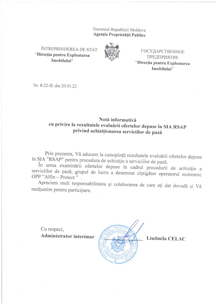 Notă informativă - rezultatul concursului privind achiziţionarea serviciilor de pază