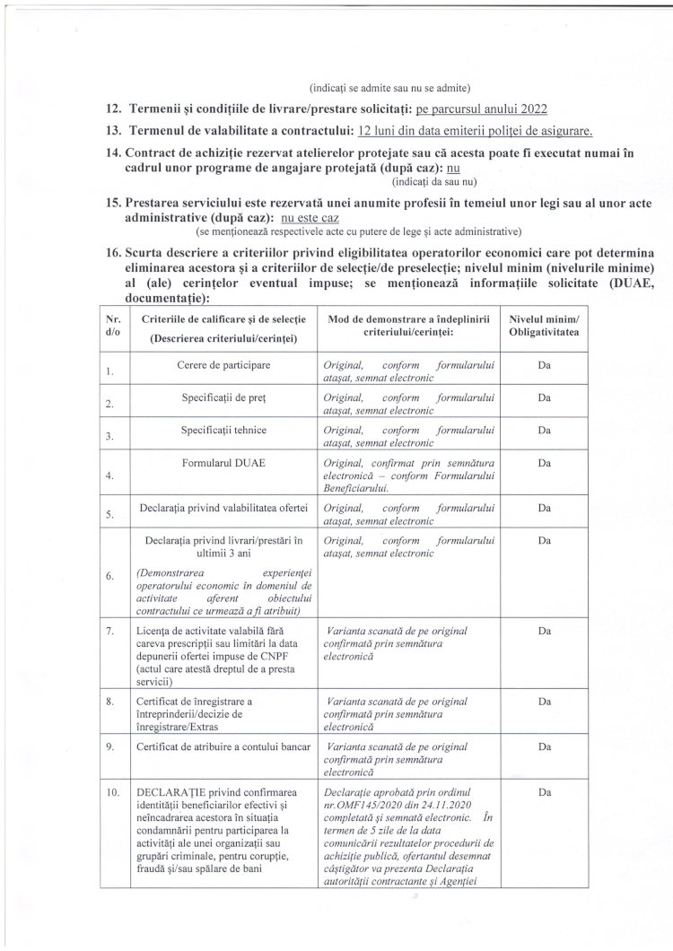 Anunţ de participare - achiziţia serviciilor de asigurare de bunuri imobile