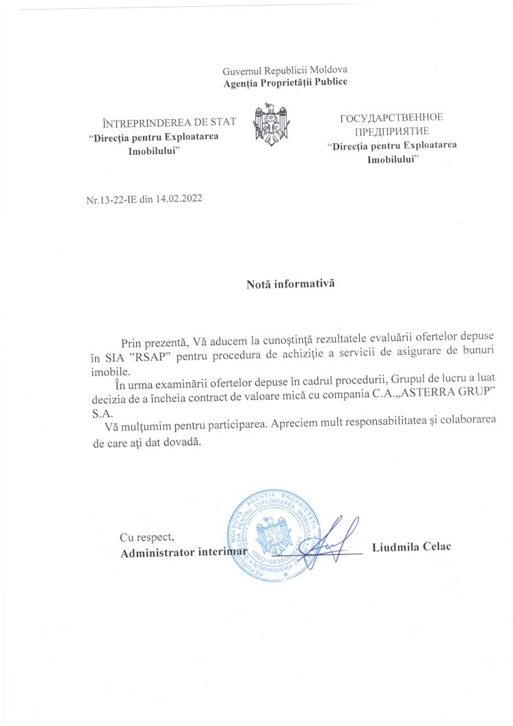 Notă informativă - rezultatul concursului privind achiziţionarea serviciilor de asigurare de bunuri imobile