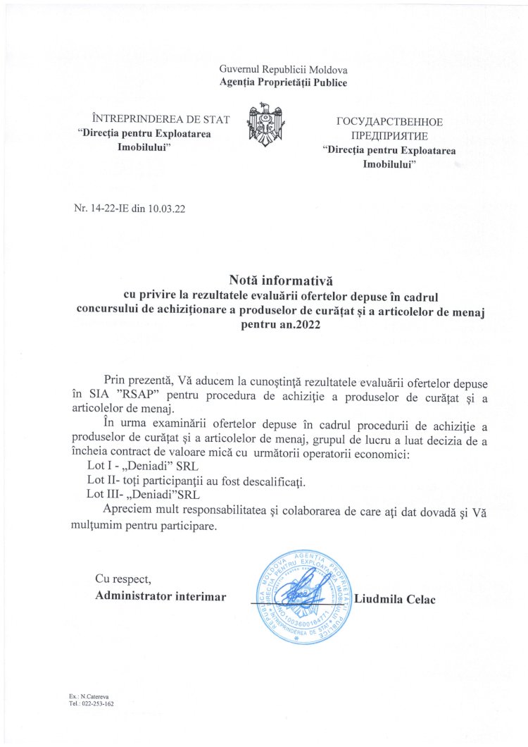 Notă informativă - rezultatul concursului privind achiziţionarea produselor de curăţat şi a articolelor de menaj