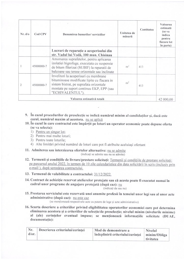 Anunţ de participare - achiziţionarea lucrărilor de reparaţie a acoperişului moale