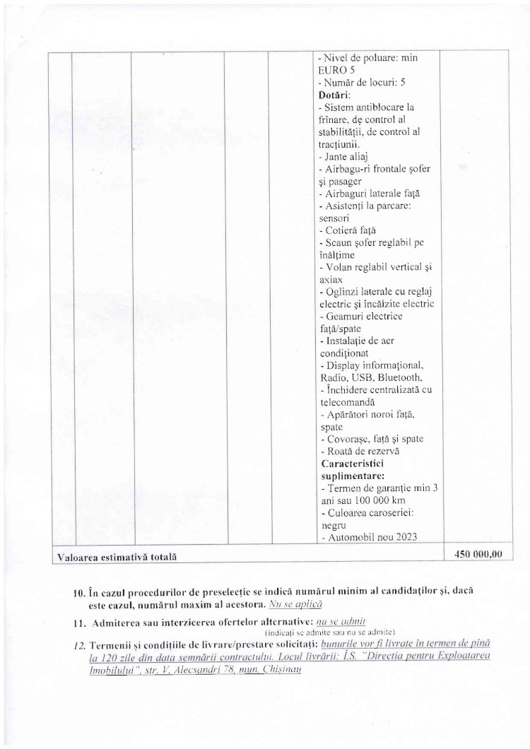 Anunţ privind achiziţionarea autoturism nou